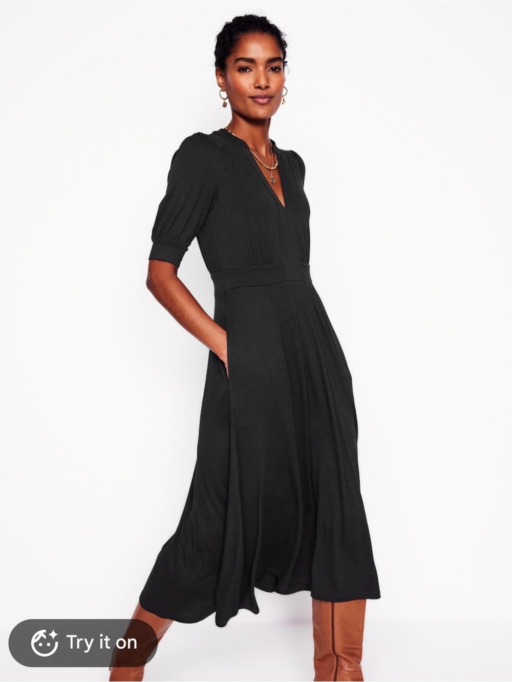 NWT Boden Women's Black Lily Jersey Midi Tea Dress Sz 14 R